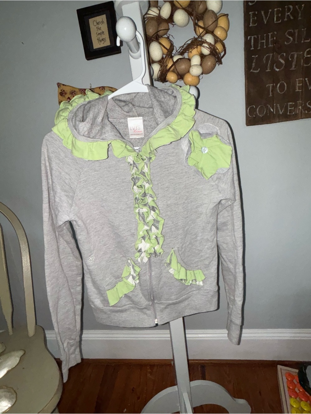 evy's tree Gray Hoodie S with Lime Green Ruffle Accents